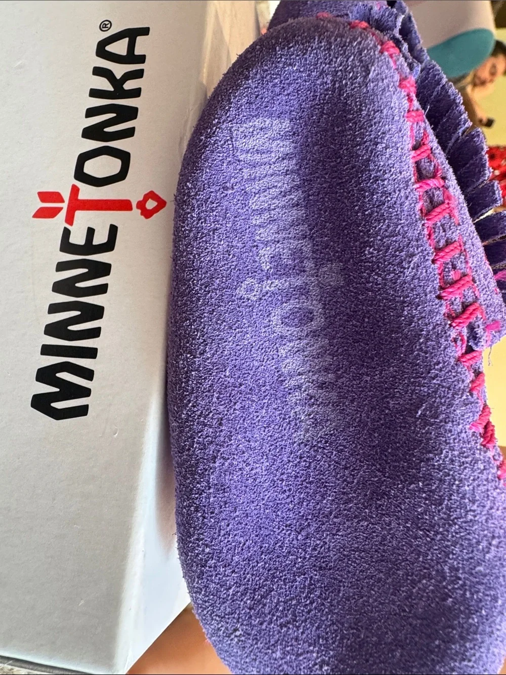 Minnetonka Purple Moccasin Baby Booties with Pink Stitching